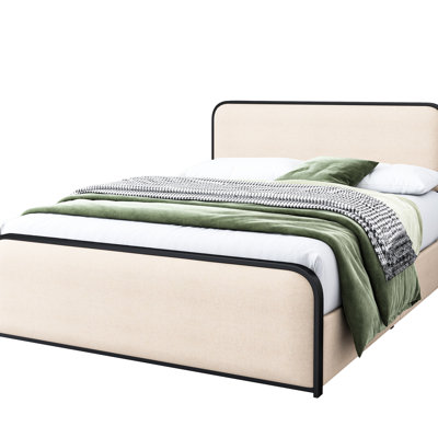 King Size Modern Bed Frame With All - Metal Structure, 4 Drawers, Beige Upholstered Headboard And , Comfortable Resting Surface Under Curved Headboard, Color, Skin Material