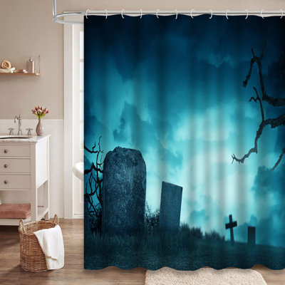 Creepy Cemetery Tombstone Night Fog Trees Shower Curtain with 12 Hooks