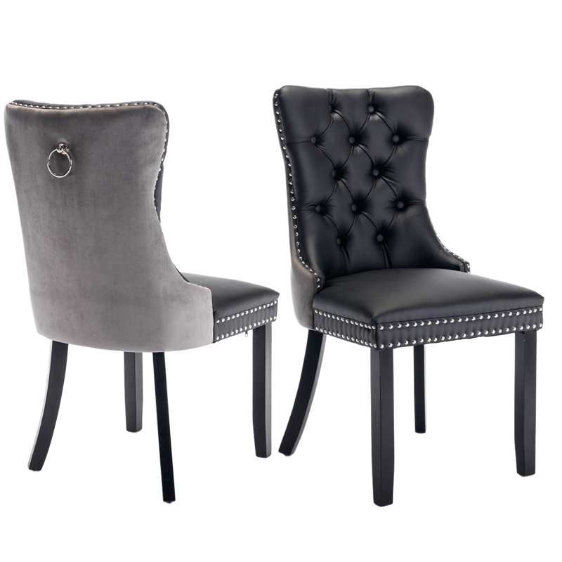 Chaise de salle à manger en velours avec anneau à dossier et pieds en bois massif, 2, Noir/gris, Noir