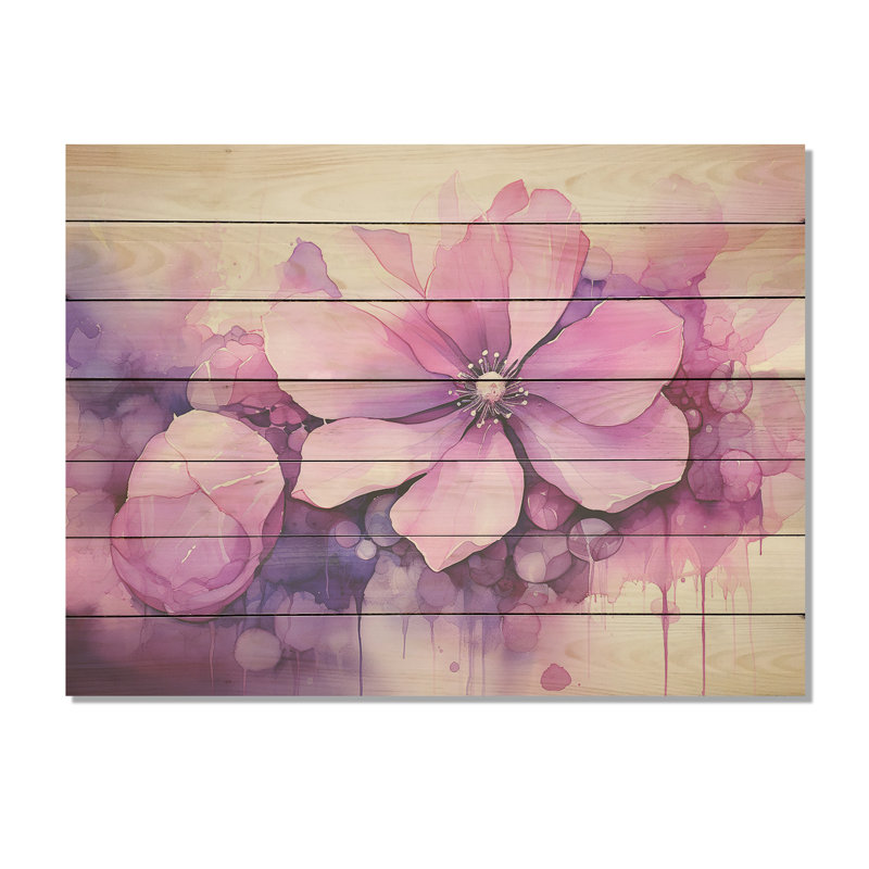Encre botanique rose et mauve - Botaniques sur bois, H 24 po x l 32 po x P 0,78 po