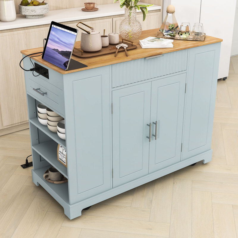 Rolling Kitchen Island with Shelves, 3 Drawers and Power Outlet, Gray Blue