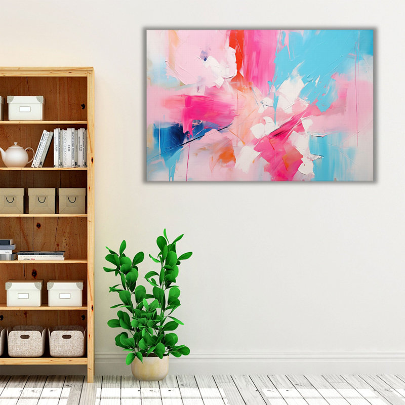Grande peinture abstraite | Rose pastel, bleu, blanc abstrait, Cadre flottant brun, H 32 po x l 48 po x P 1,25 po