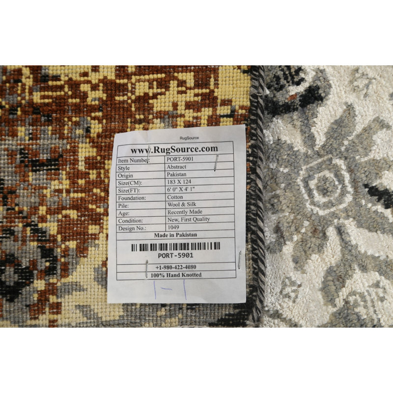 Tapis gris / noir / or noué à la main de conception unique 4 pi 1 po x 6 pi New Age