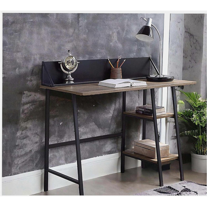 Bureau d'écriture rustique en chêne et noir à 2 tablettes avec base en forme de H