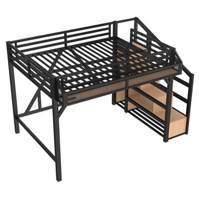 Loft Bed With Storage Stairs, Shelves And Built-in Wardrobe, Metal Loft Bed Frame With Usb Ports And Led Lights For Teens, Adults, Noise-reduced Design