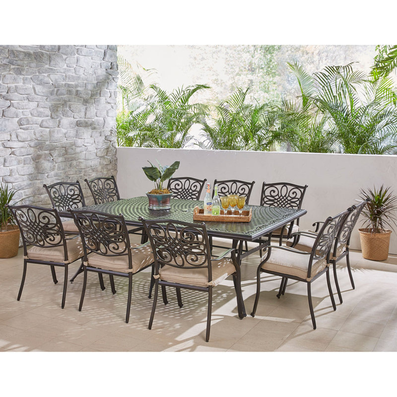 Rhoton 10 - Person Patio Dining Set with Rectangular Table , Cushions Included, Tan