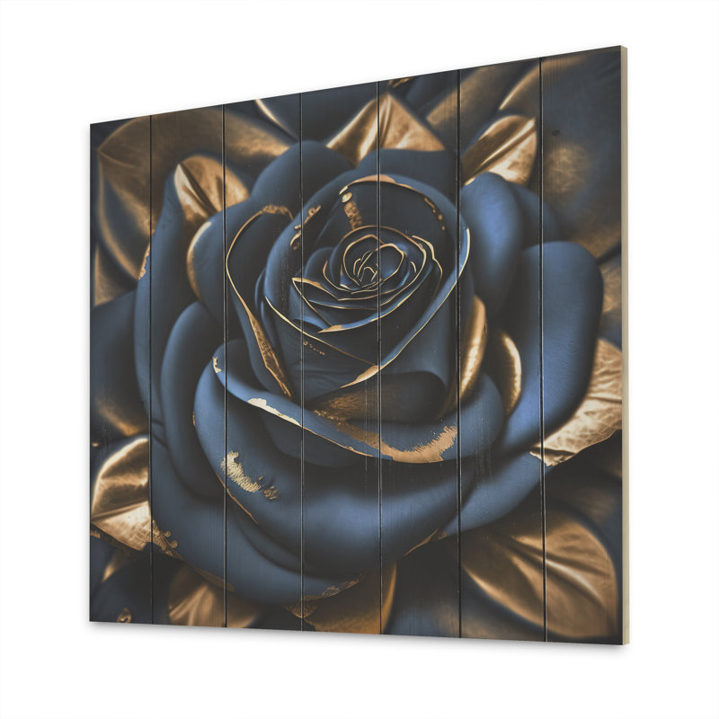 Gilded Rose In Kings Blue II - imprimé floral rose sur bois, H 24 po x l 24 po x P 1 po, Bois