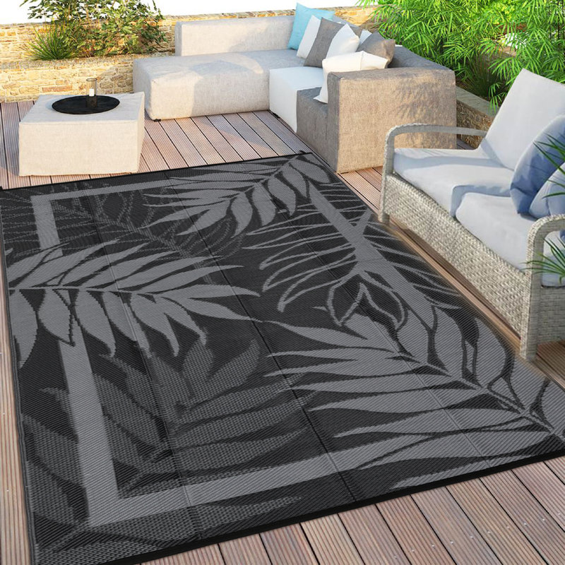 Tapis d'extérieur réversible en plastique pour terrasse, Noir, Rectangle 9' x 12'