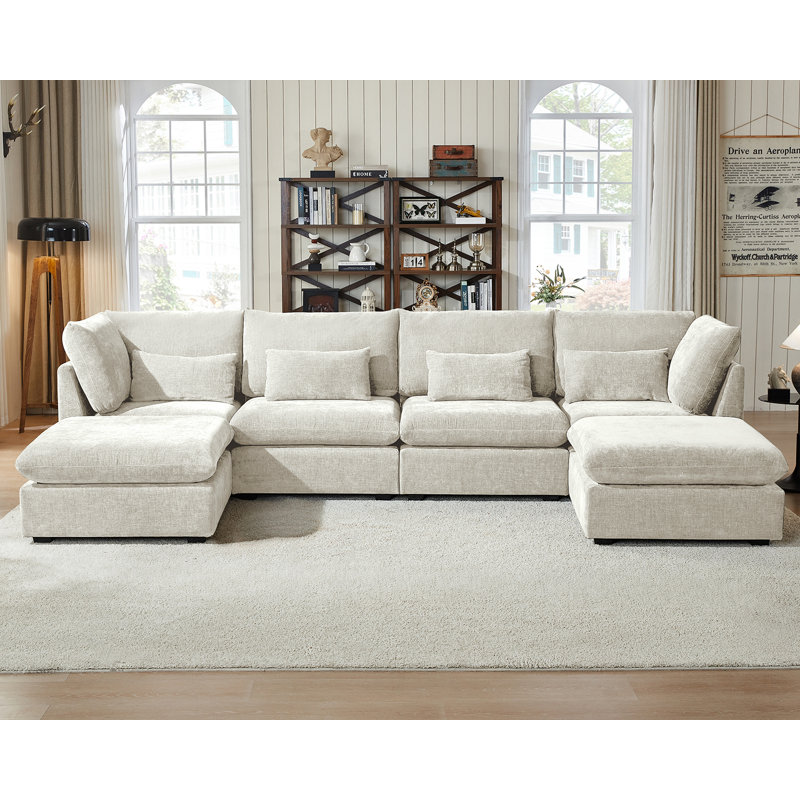 Canapé modulaire surdimensionné en U en chenille surdimensionné en forme de U, Chenille crème