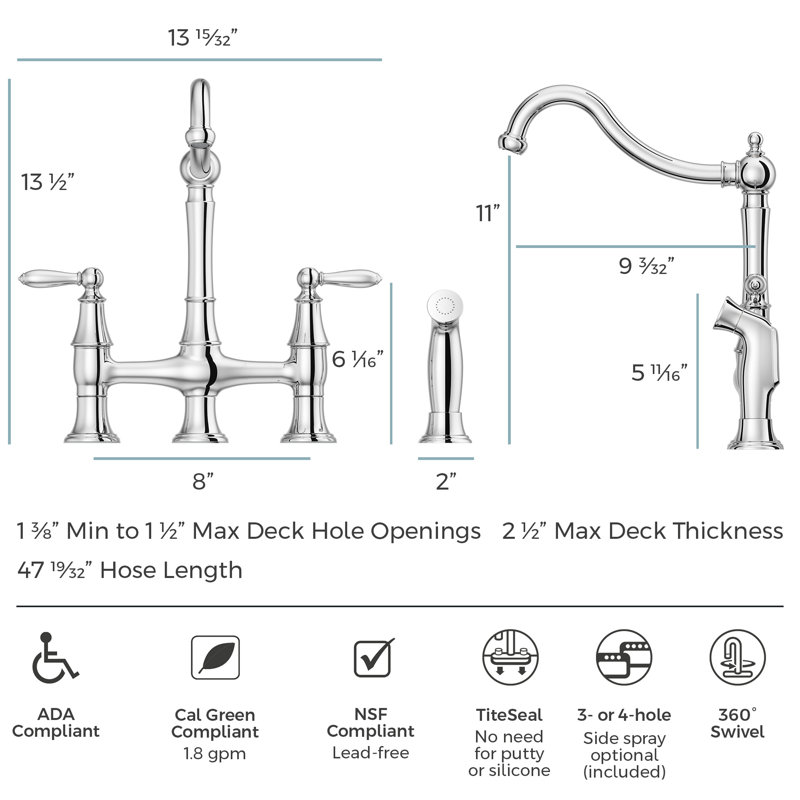 Polished Chrome Bridge Kitchen Faucet with Side Sprayer