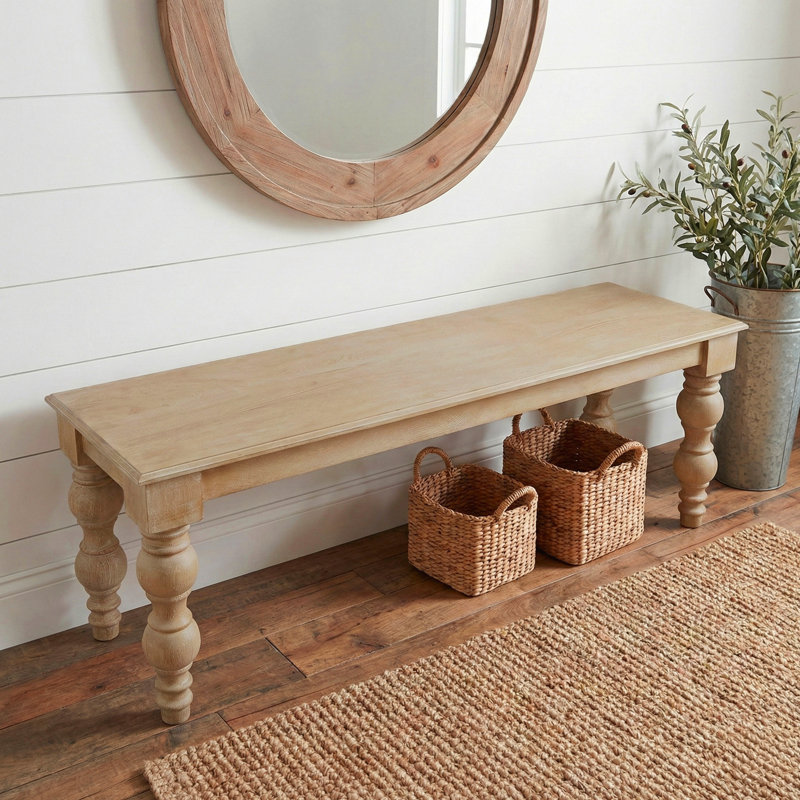Braydan 58" W Solid Wood Bench with Hand Turned Legs- Rustic Natural, Rustic Natural 