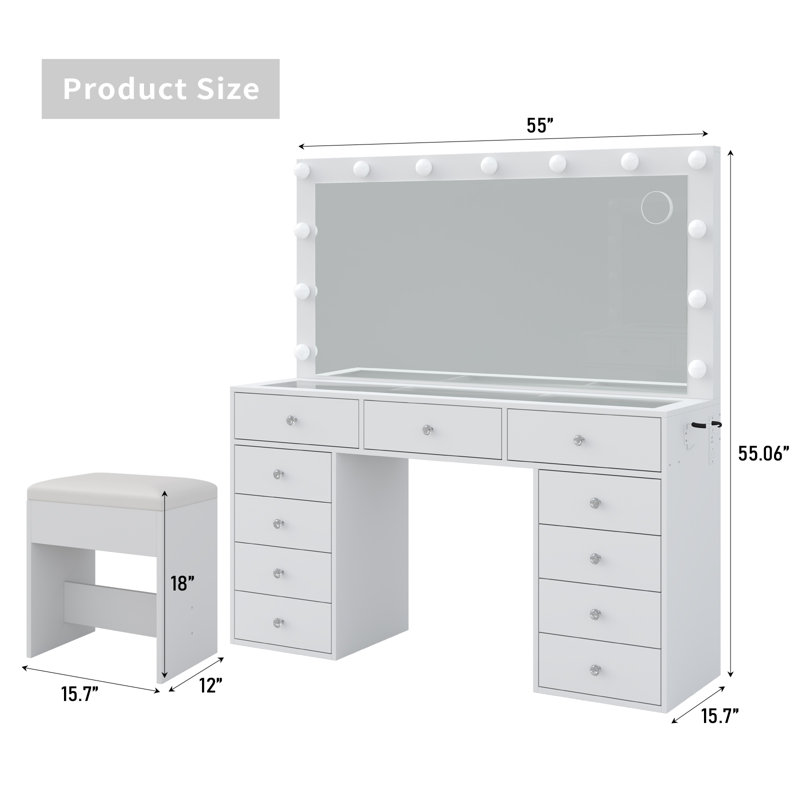 Makeup Vanity With Mirror And  Lights, 3 Lighting Modes, Vanity Desk With Power Outlet, 13 Drawers Vanity Table,  Fold-Up Pane Dressing Table Set
