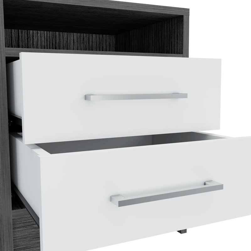 Table de chevet Eter, plateau supérieur, deux tiroirs et tablette ouverte, Chêne fumé / blanc