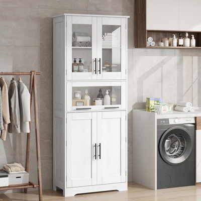 Grande armoire de rangement 67 po avec portes en verre, tablettes réglables et tiroir, armoire de cuisine autoportante