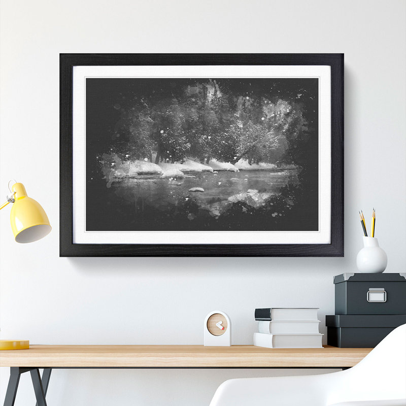 Winter Forest and Lake Paint Splash - Picture Frame Graphic Art, 27cm H x 36cm W x 2cm D, Black
