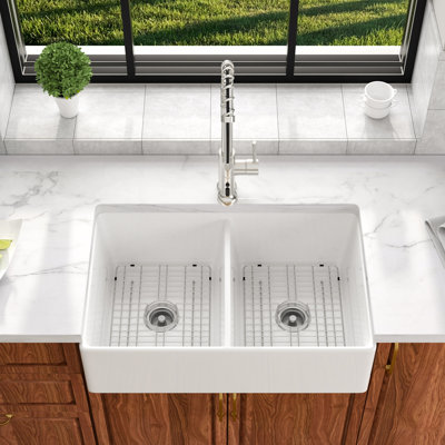 Évier de cuisine à double cuve en céramique blanche 33 po x l 20 po 33 po x 33 po