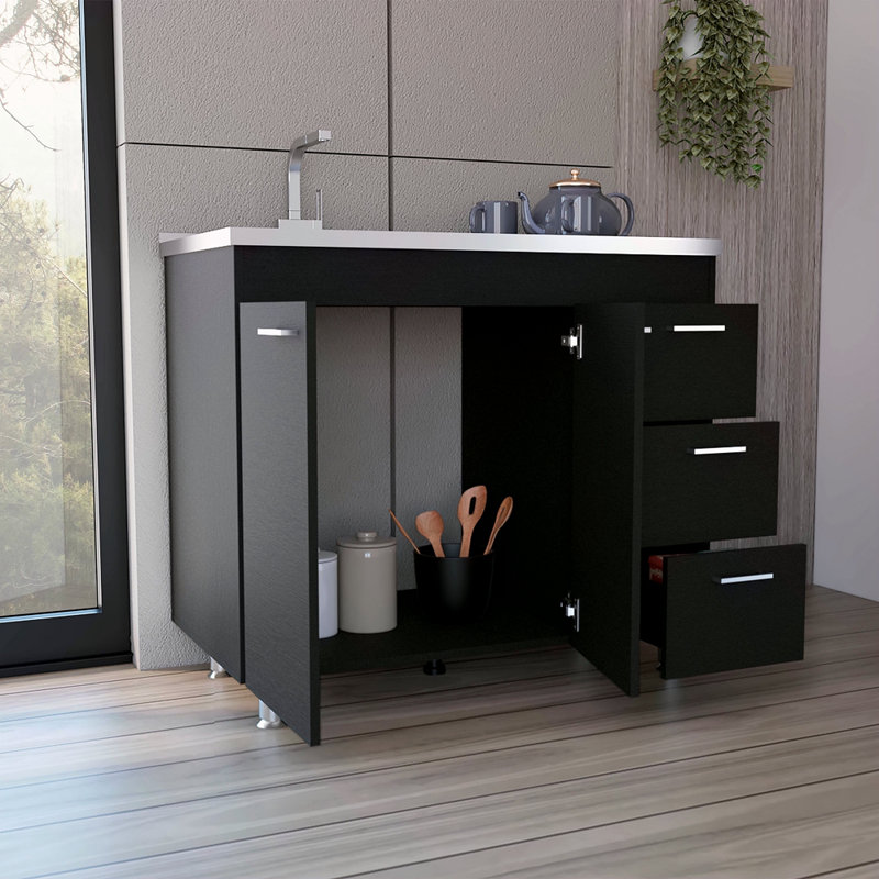 Évier utilitaire avec trois tiroirs et armoire double porte noir