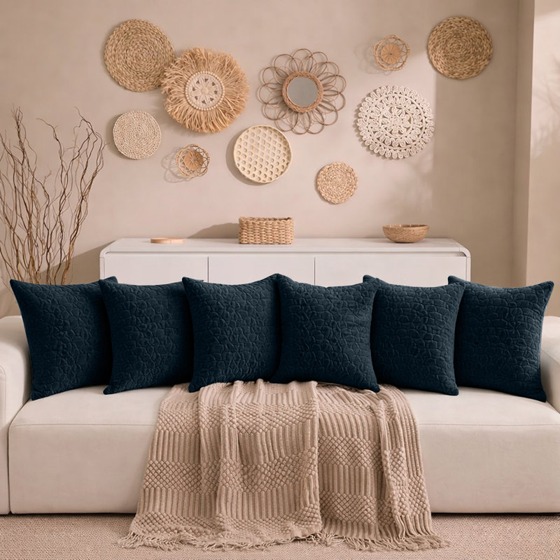 Aspire Homeware Geometric Square Velvet Cushion Covers, Navy, Pack of 6