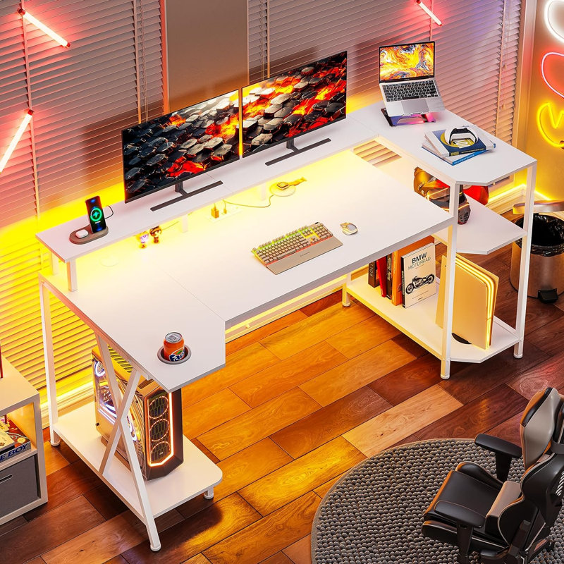 55" Gaming Desk with LED Lights, Storage Shelves, Computer Desk with Monitor Stand, Power Outlets and Cup Holder, Large PC Workstation for Bedroom Living Room, White