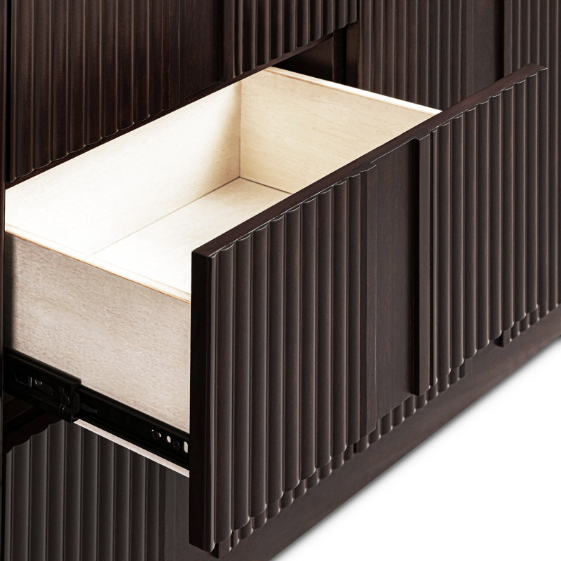 Reeded 3-Drawer Solid Wood Sideboard Cabinet with 2 Doors and Adjustable Shelves for Dining or Living Storage, Espresso