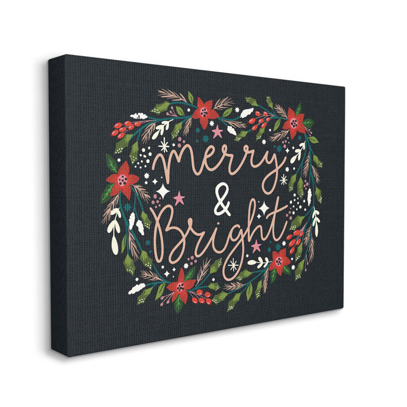 Merry & Bright Poinsettia Wreath Black Canvas Wall Art