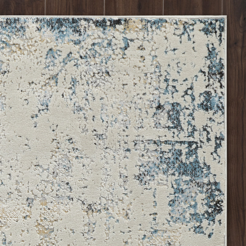Tapis abstrait Haldon, Ivory/Blue, Tapis de couloir 2 pi 7 po x 10 pi