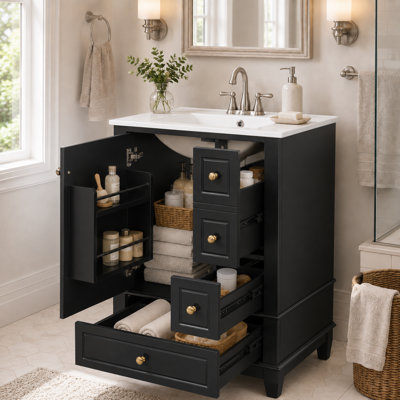 Ensemble de meuble-lavabo moderne avec lavabo en céramique, armoire de rangement avec cadre en bois massif et tablettes de porte intégrées