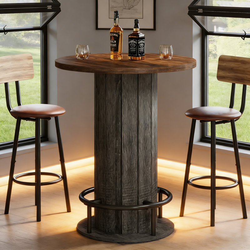 39.4" Bar Table, Round Bistro Pub Table with Metal Ring Footrest, Only Table, Brown/Gray