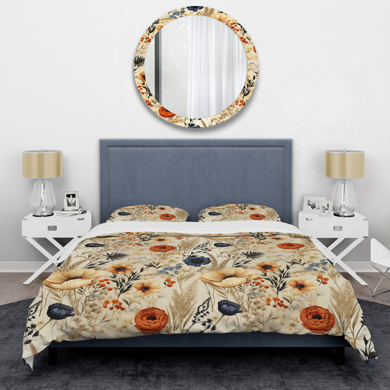 Ensemble de housse de couette beige à motif floral rétro chic, Housse de couette simple + 1 taie décorative stan