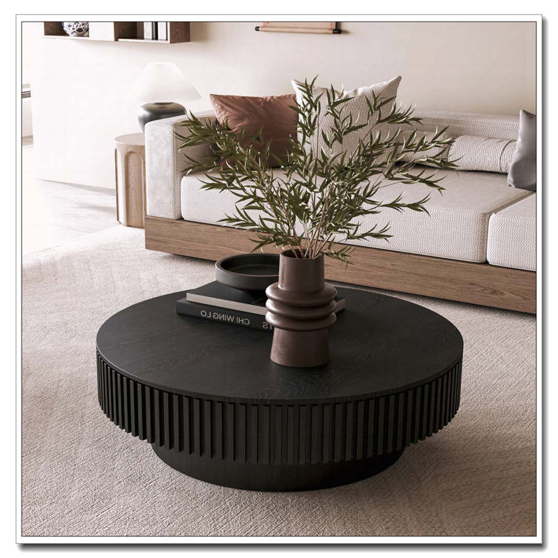 Solid Wood 31.5" Round Coffee Table with Storage, Black, 13.78" H x 39.37" L x 39.37" W