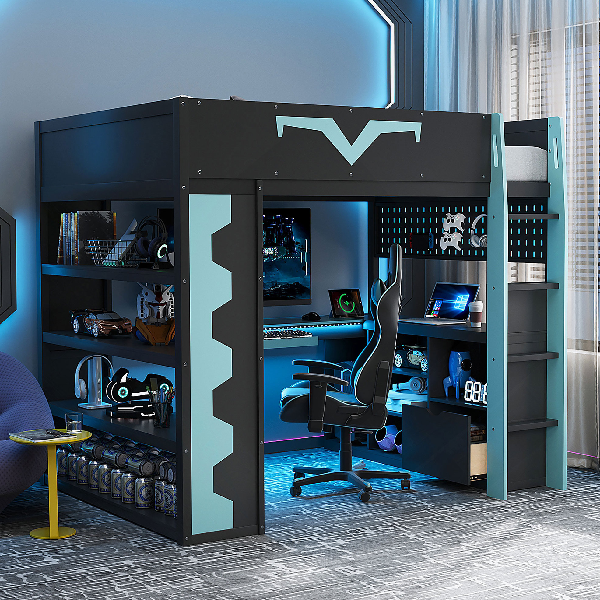 Harriet Bee Full Size Gaming Loft Bed With Integrated Desk & RGB LED ...