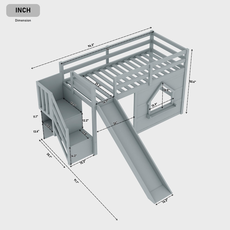 Lit mezzanine simple bas avec escalier de rangement, glissade et éclairage multicolore, Blanc