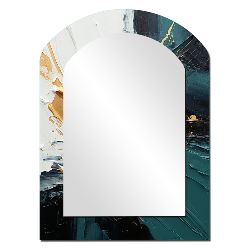 Or et vert cascade de marbre blanc V - peinture abstraite miroir asymétrique, miroir mural décoratif arche dorée, impression sur métal