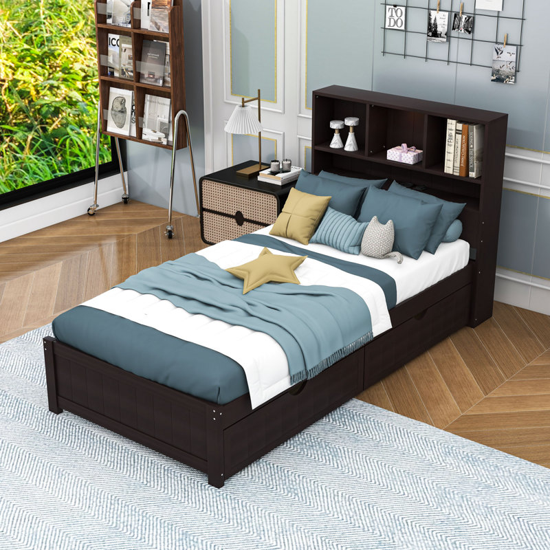 Wooden Platform Bed with 2 Drawers and Charging Stations, Espresso, Twin