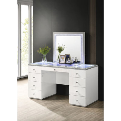 Contemporary 1Pc Vanity, White High - Gloss, Stainless Steel Handles, Led Touch Sensor, 5 Drawers & Above, Beveled Mirror For Bedroom Vanity Of Style, Finish, Engineered Wood, On Tempered Glass,