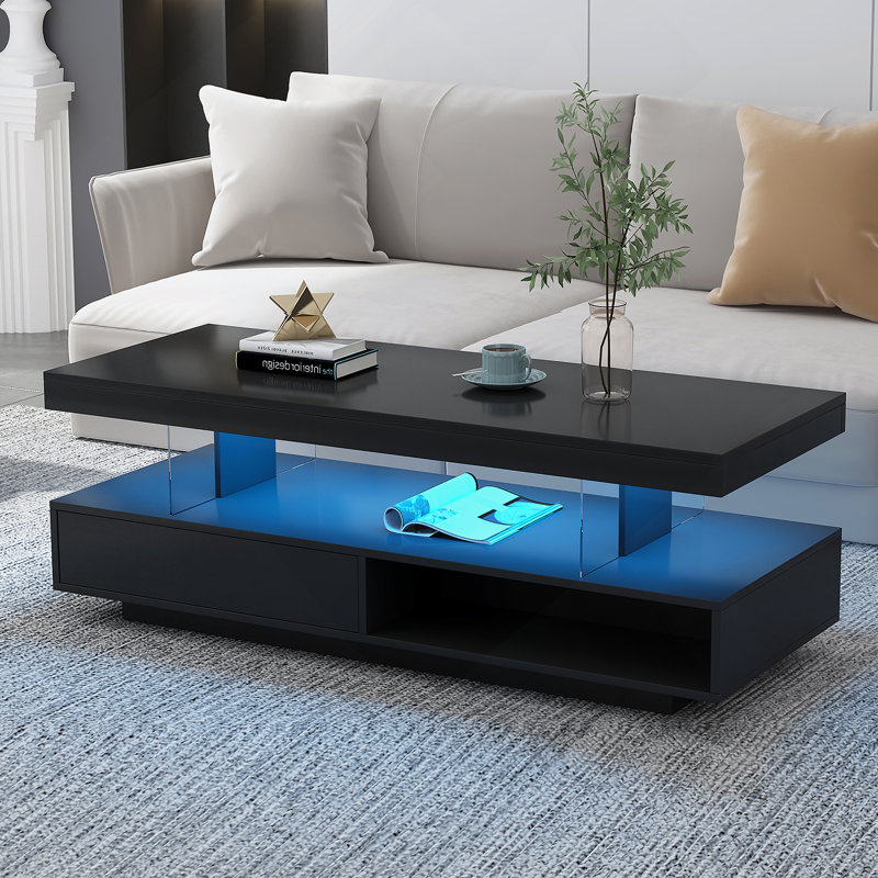 Table basse rectangulaire avec plateau en bois manufacturé, tablette et tiroir, Noir