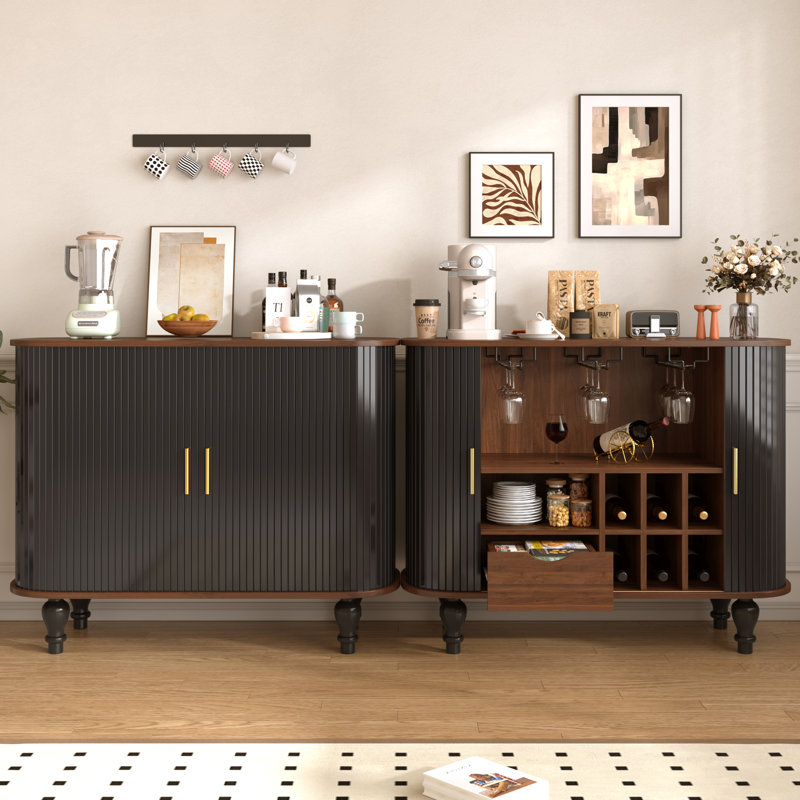 39" Fluted Sideboard Bar Cabinet With 6 Wine Racks(2 PCS), Black/Walnut, 29.65" H x 78.74" W x 15.75" D
