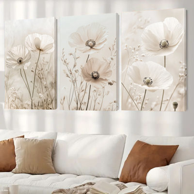 Impression sur toile 3 pièces beige coquelicot pour une décoration minimaliste