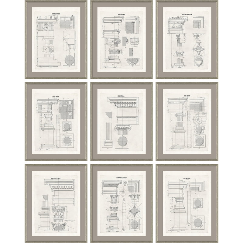 Grecian doric, Grecian corinthian, ordre dorique, détails ioniques, détails composites, ordre composite et ordre toscan par David Phoenix - ensemble de 9 impressions encadrées sur papier