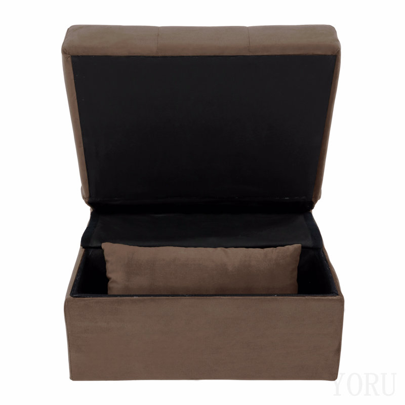 Banc de rangement moderne avec plateau relevable et lit gigogne, meuble en bois massif capitonné en velours marron (1 pièce).