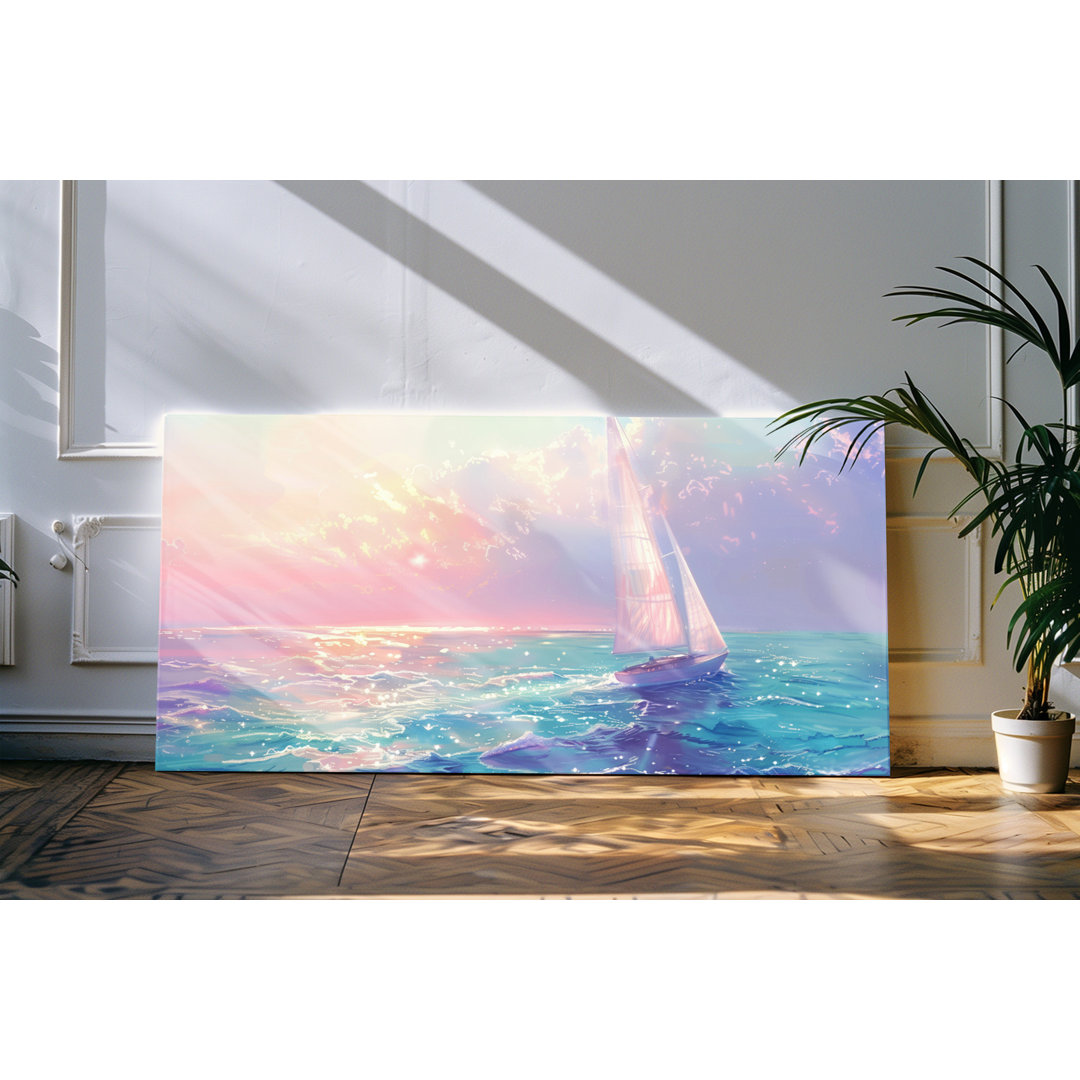 Leinwandbild gerahmt 120x60cm Meer Horizont Segelboot Blau Segel Schiff