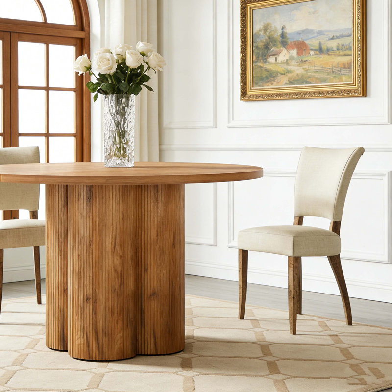 Wood Round Dining Table Fluted Kitchen Dinner Table