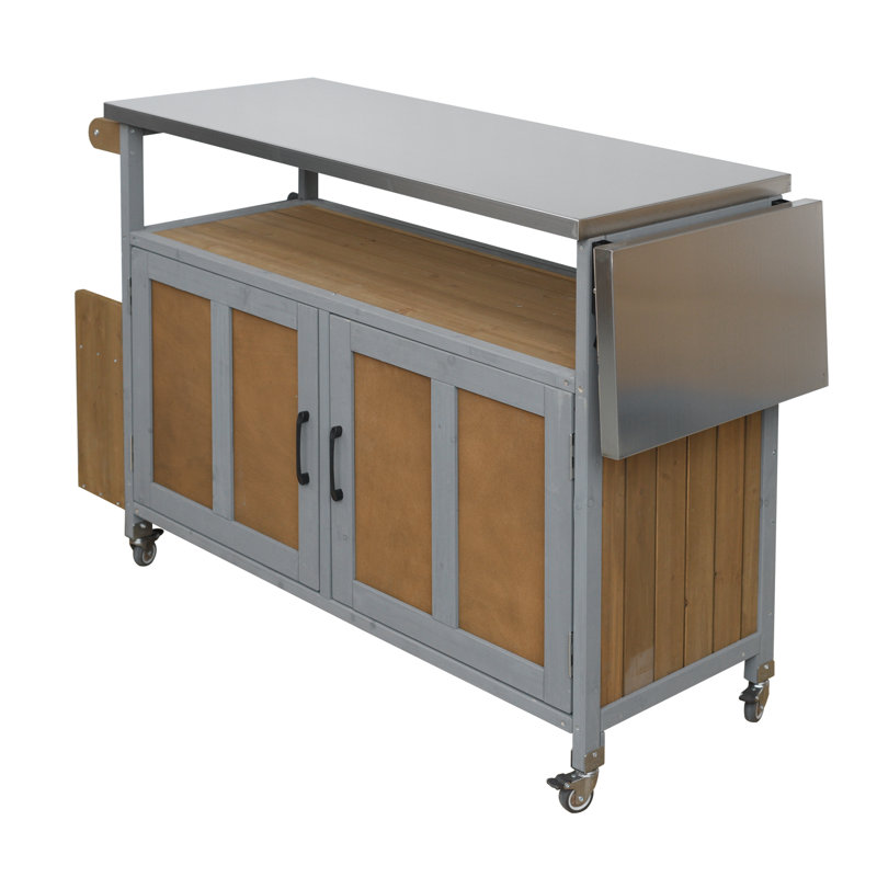 60.6" Foldable Outdoor Kitchen Island With Stainless Steel Top - Mobile BBQ Prep Cart With Storage Cabinet & Towel Rack - Solid Wood Frame - Black