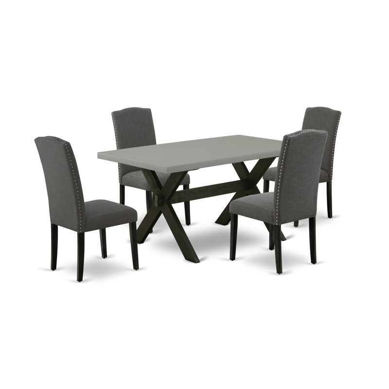 5 Piece Dining Room Furniture Set Includes a Rectangle Dining Table with X-Legs and 4 Dark Gotham Linen Fabric Upholstered Chairs, Wire brushed Black