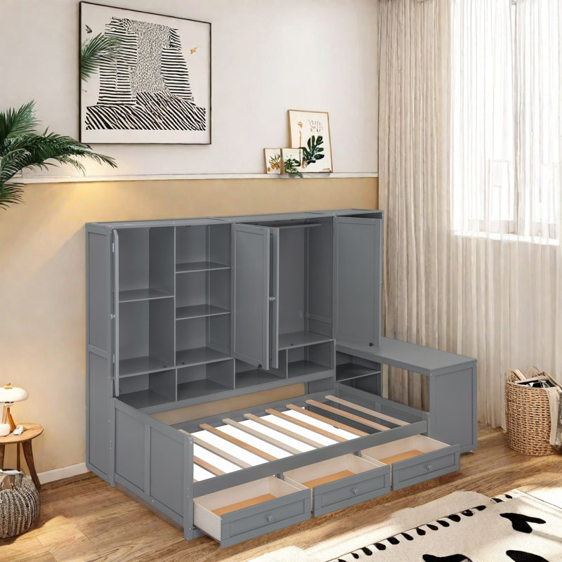 Multi-Functional Daybed with Desk, Shelves, Cabinets and Drawers, Space-Saving Bed Frame with Storage, Reversible Layout, Wood Frame for Bedroom, Apartment, Home Office