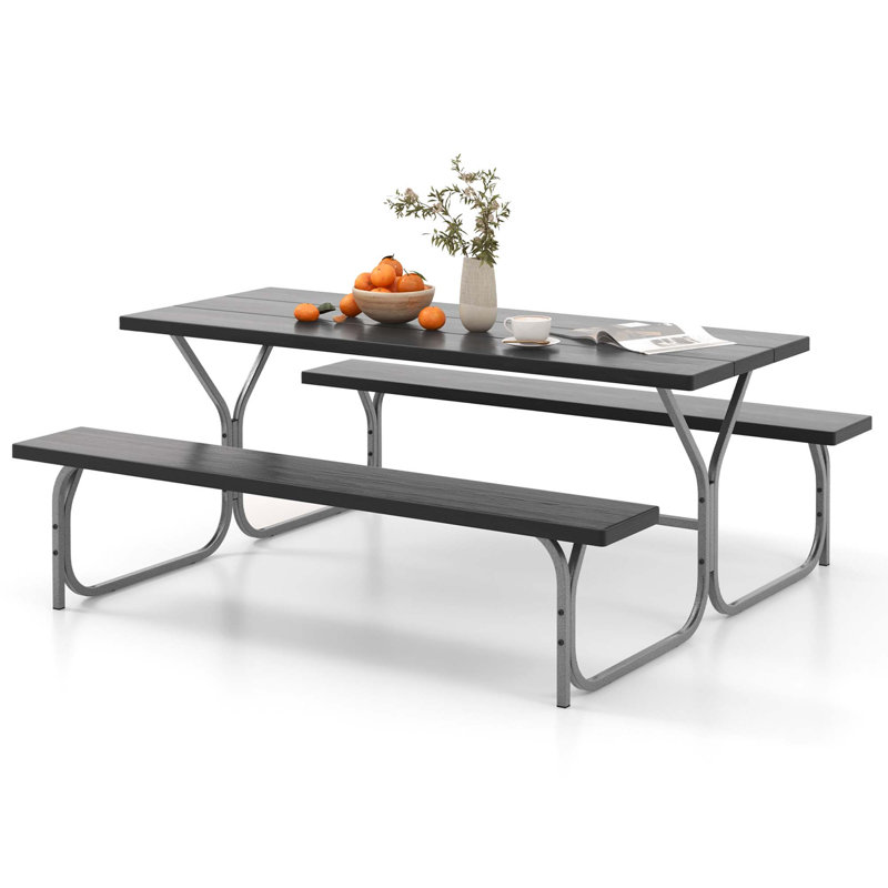 Red Barrel Studio 6 Ft Picnic Table Bench Set Outdoor Dining Table & 2 Benches With Metal Frame White, Noir