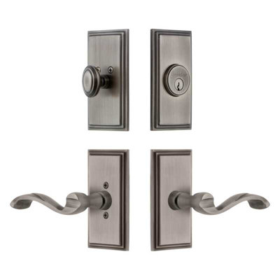 Grandeur Carre Short Plate Entry Set with Portofino Lever in Antique Pewter