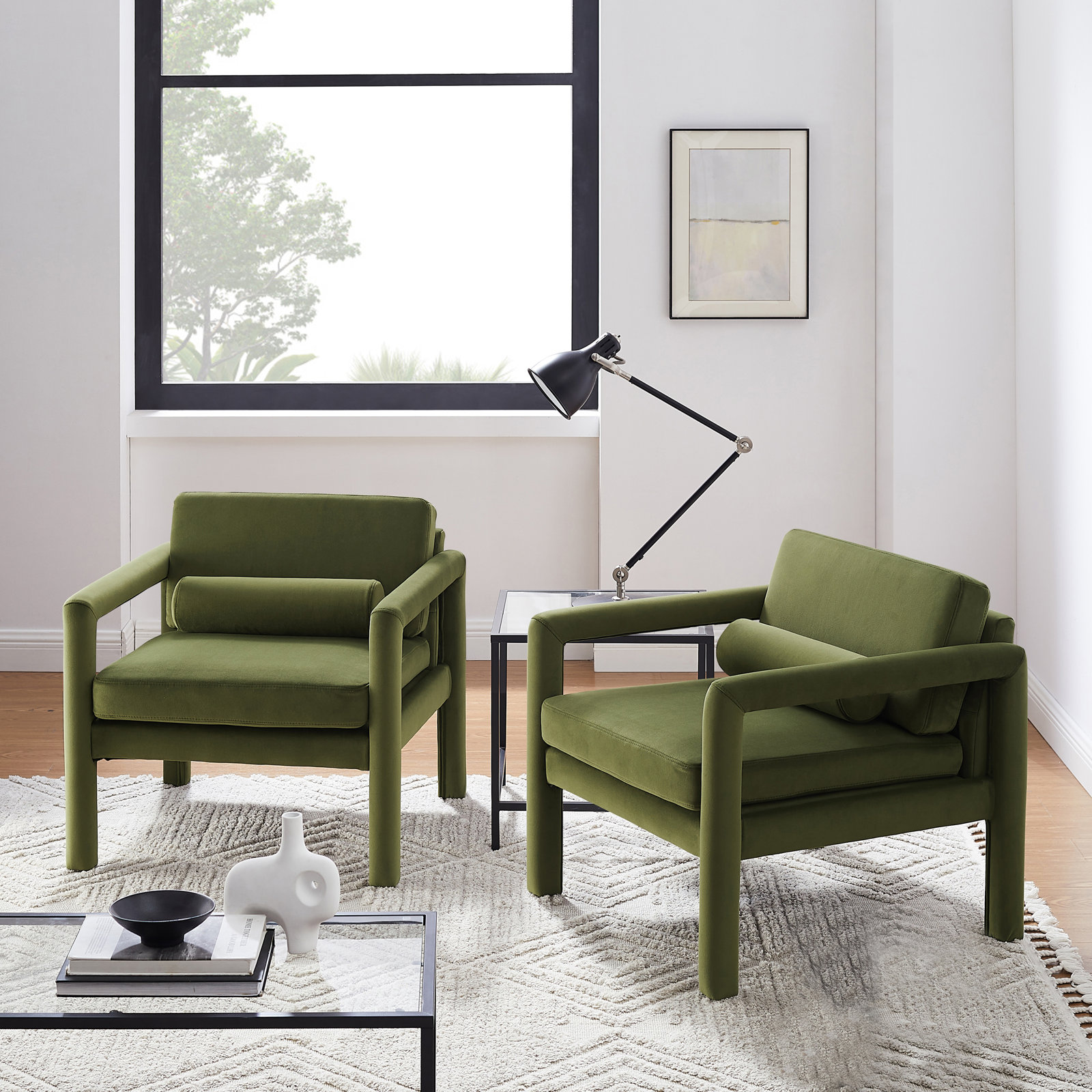 Solaris Upholstered Velvet Accent Armchair Set of 2, Green Velvet