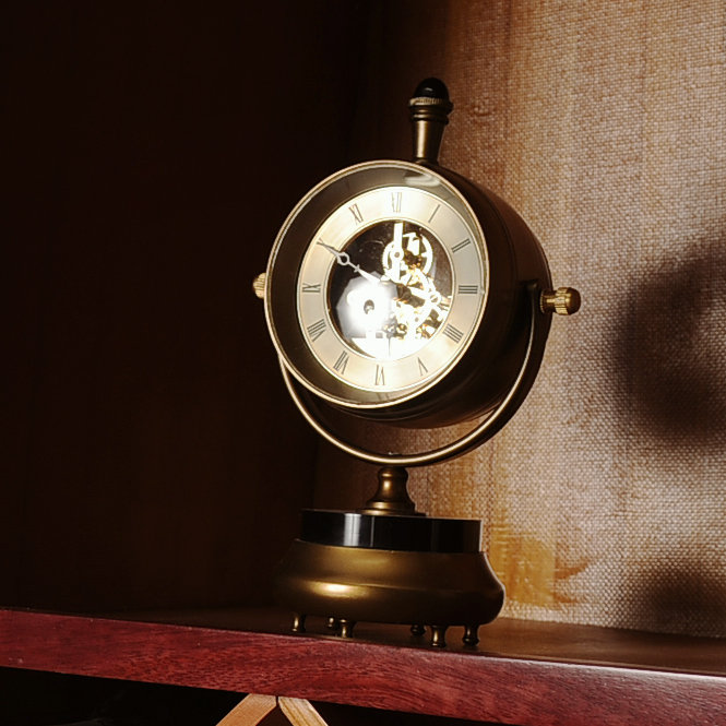 Analog Metal Mechanical Tabletop Clock in Brown