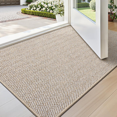 Ultra Thin Indoor Door Mat For Entrance 17"X30", Non Slip Entryway Mat, Low Profile Doormat, Unique Herringbone Design Carpet For Inside, Patio, Porch, Beige